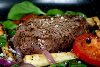 Summer lunch with spring vegetables, cherry tomato & steak